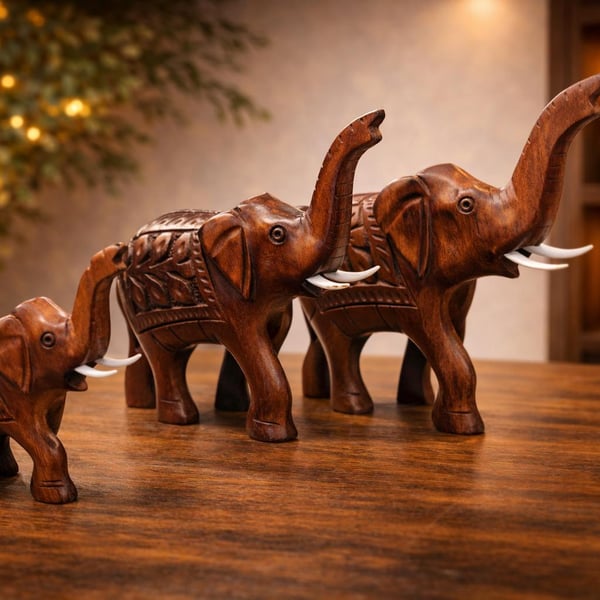 Antique Hand Carved Wooden Elephant Set of 3,Handmade Home Accent, Rustic Wooden