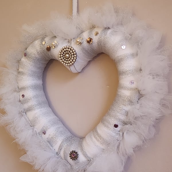 Silver and white Tulle heart wreath