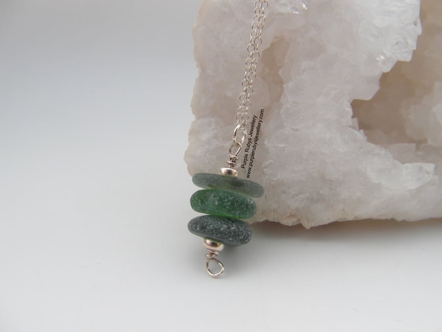 Deep Greens Cornish Sea Glass Stack Necklace, Sterling Silver N432