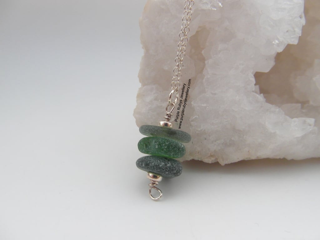 Deep Greens Cornish Sea Glass Stack Necklace, Sterling Silver N432