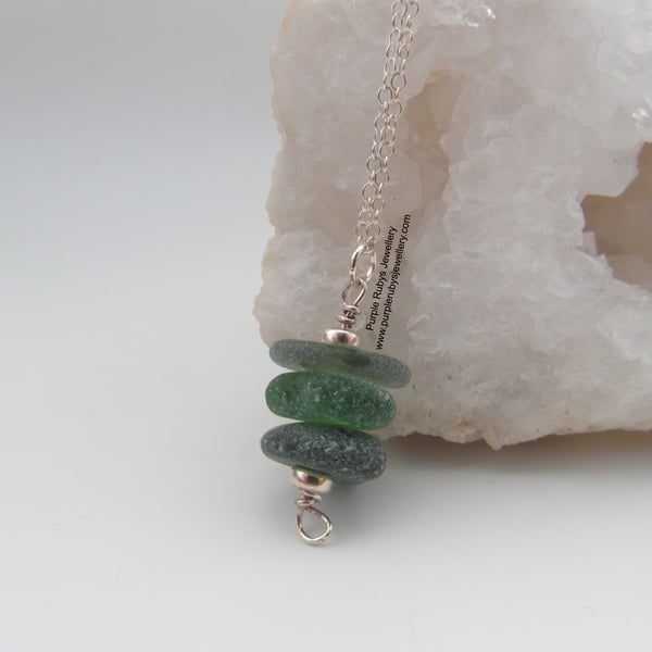 Deep Greens Cornish Sea Glass Stack Necklace, Sterling Silver N432