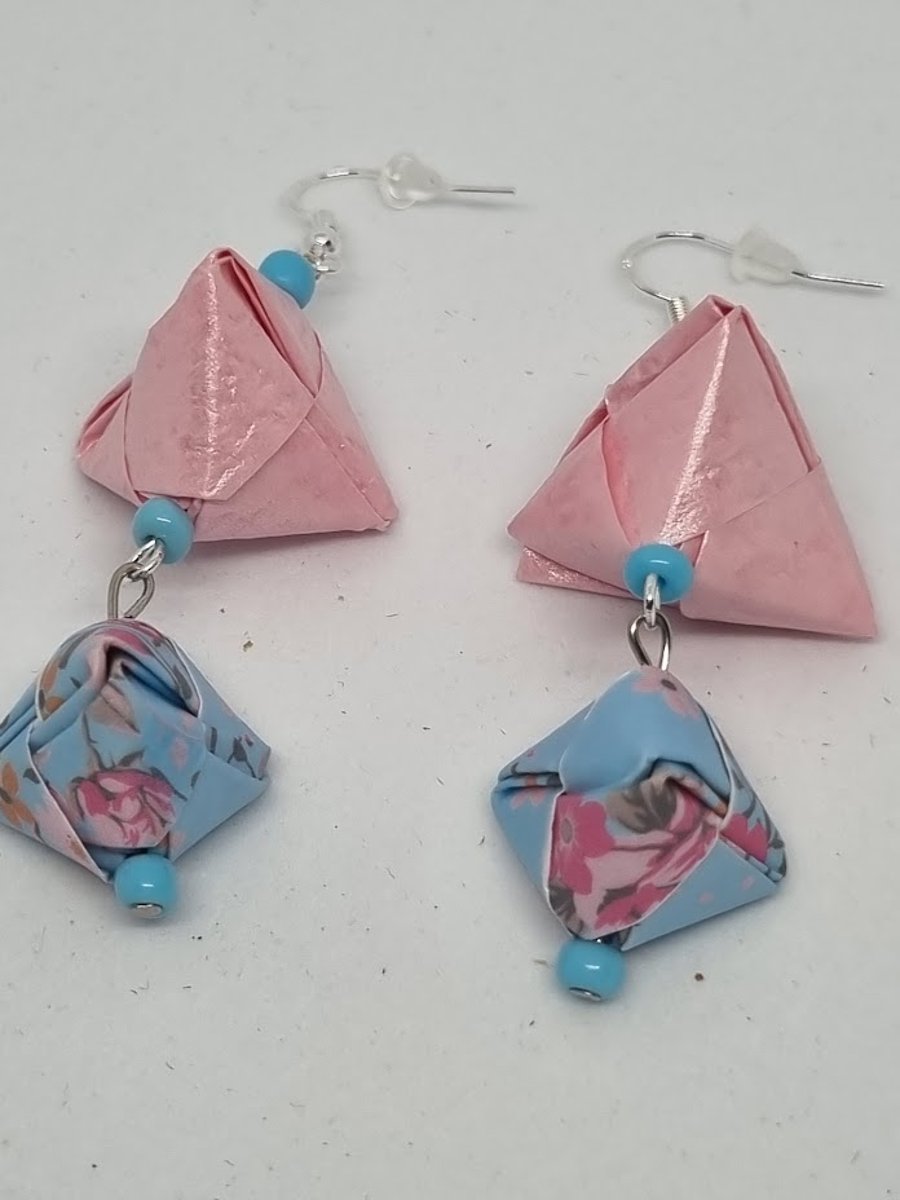 Origami earrings: blue floral and pink pearlescent paper