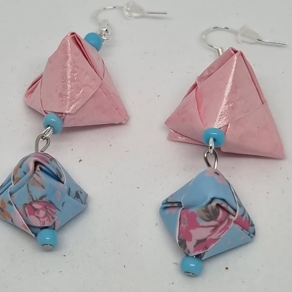 Origami earrings: blue floral and pink pearlescent paper