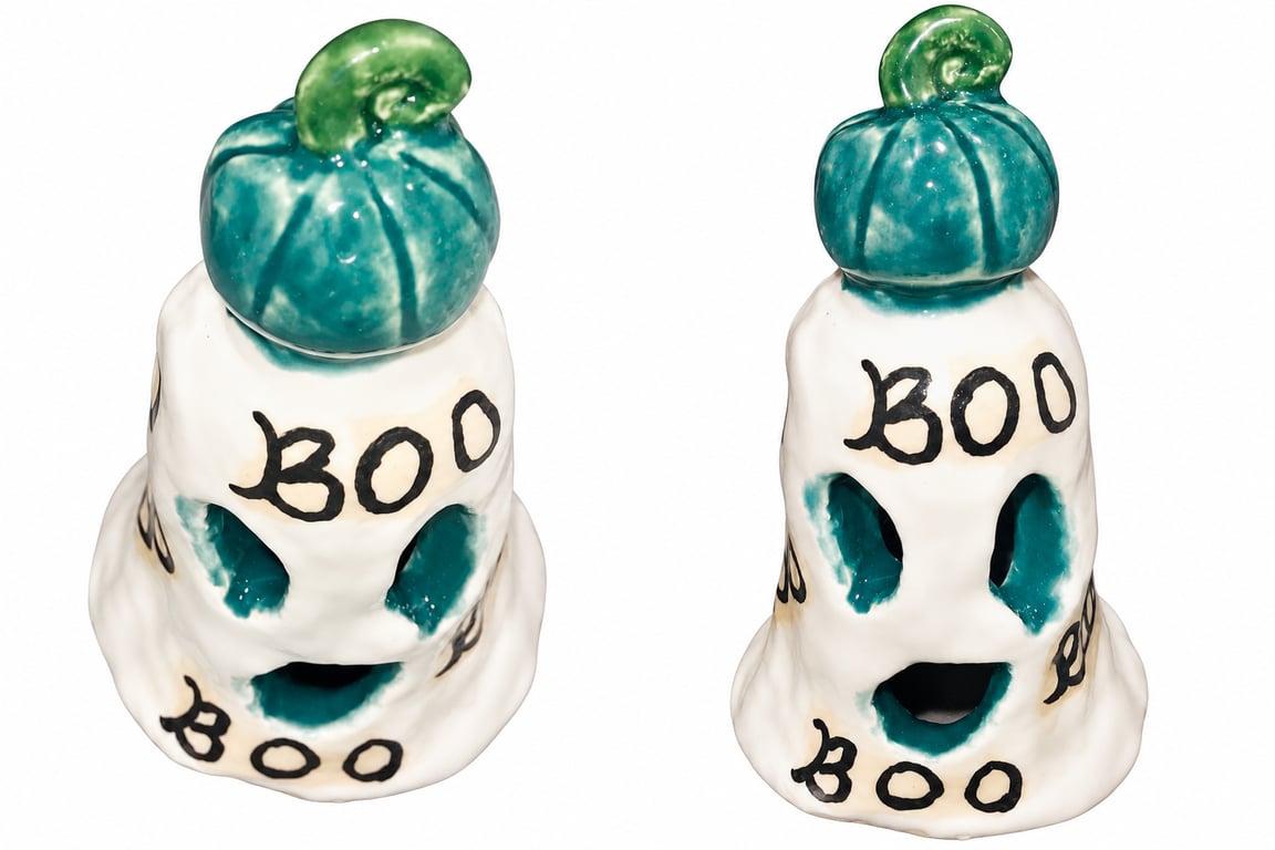 Handmade Ceramic Halloween Ghost with Teal Pumpkin Hat – BOO Ghost Ornament