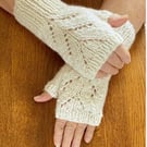 Fingerless Mittens Cream Colour Merino Wool Leaf Design Fits Average Womans Hand
