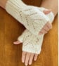 Fingerless Mittens Cream Colour Merino Wool Leaf Design Fits Average Womans Hand