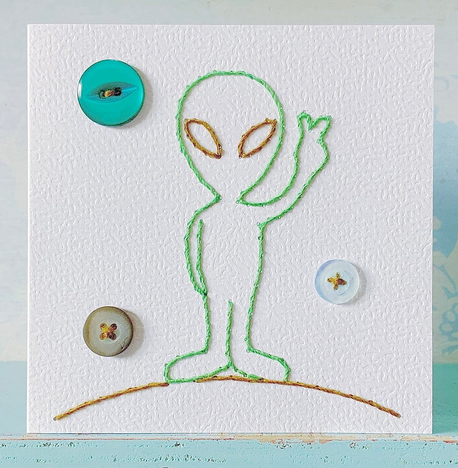 Alien Card. Hand Sewn Card. Embroidered Card. Funny Card. Blank Card.