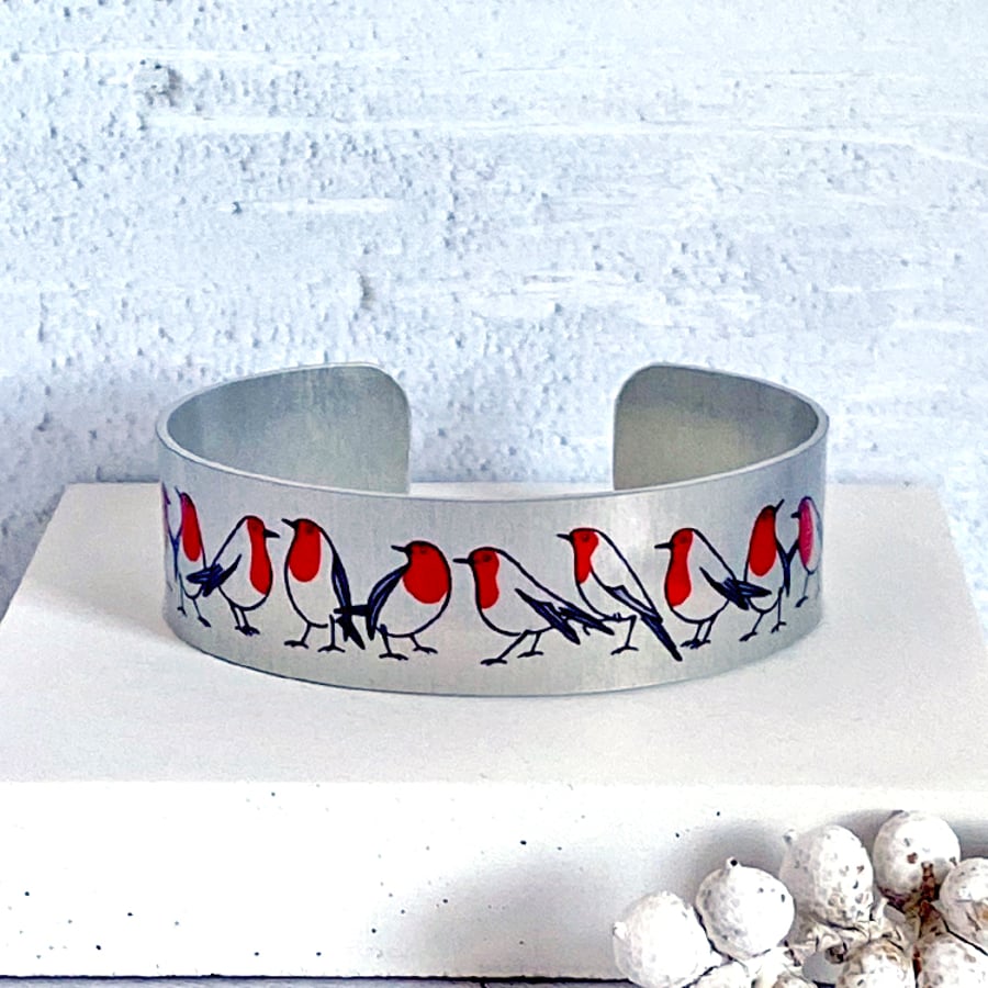 Robin cuff bracelet, metal bird bangle with robins. (72)           