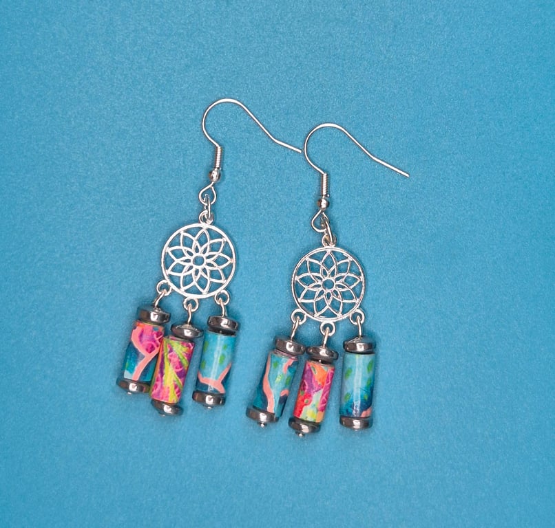 Multicoloured Paper beaded earrings on a mandala shaped finding