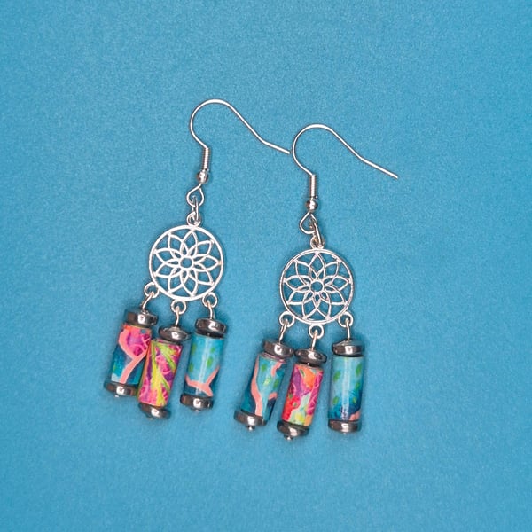 Multicoloured Paper beaded earrings on a mandala shaped finding
