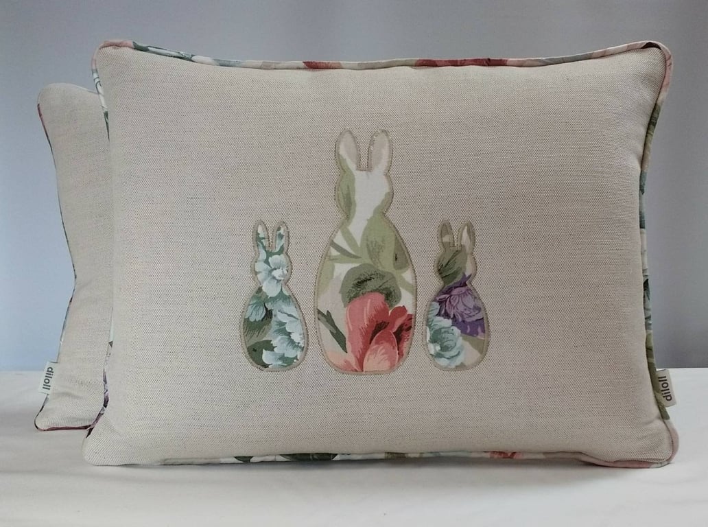 Handmade cushion with appliqu d rabbit family (now with fluffy tails!)