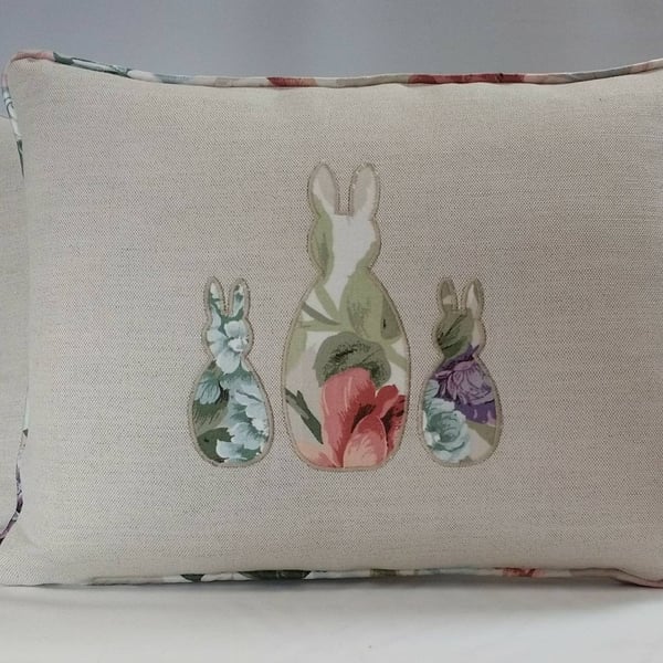 Handmade cushion with appliqu d rabbit family (now with fluffy tails!)