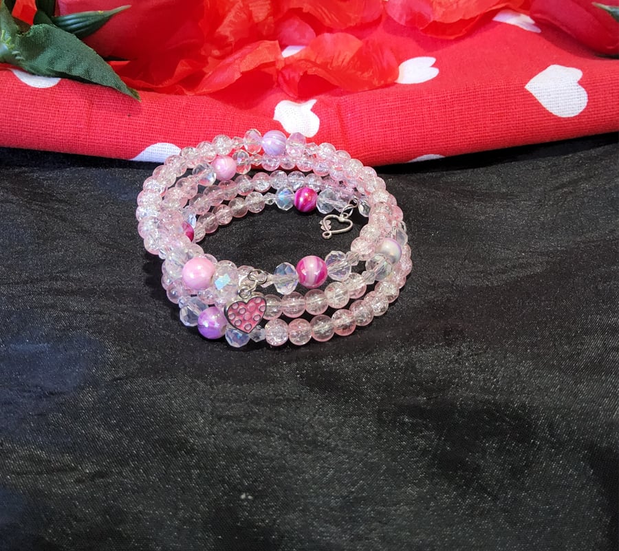 Valentines Memory Wire Bracelet - Pink Crackle 