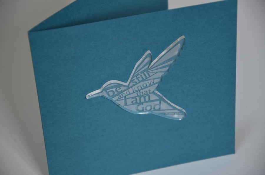 'Laser Tweet' card (teal, with etched acrylic bird)