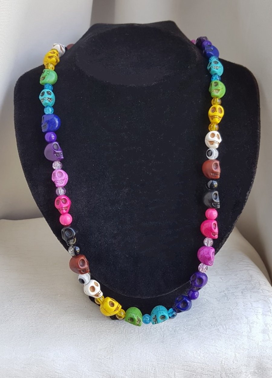 Rainbow Goth Skull Necklace.