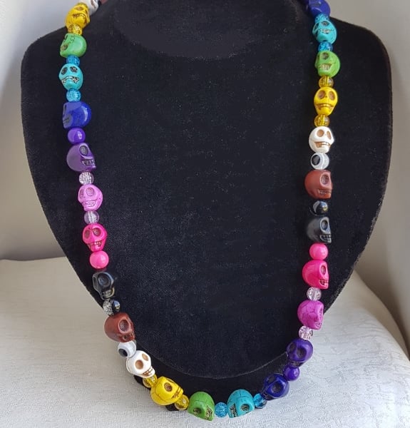 Rainbow Goth Skull Necklace.
