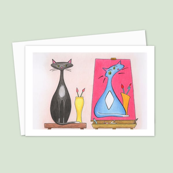  Funny Cat Greeting Card: Pencil Illustration of an Artist's Muse (114)
