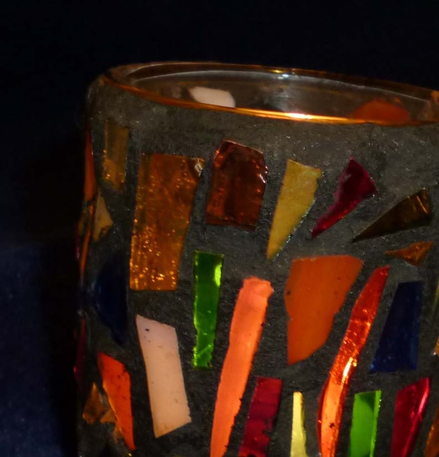 Handmade stained glass t-light holder votive small - mixed & black