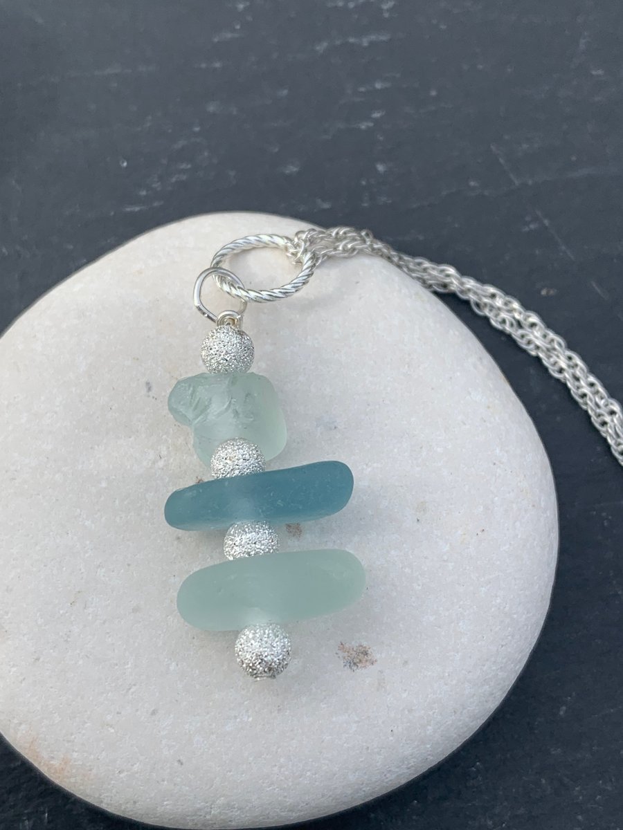 Stacked seaglass and Sterling silver pendant
