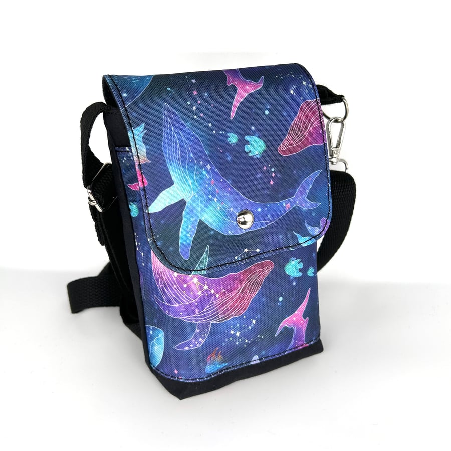 Small crossbody bag, whale design on waterproof canvas and adjustable strap