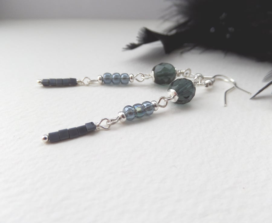 Long Dangle Earrings, Beaded Colour choice, Ink Blue, Lilac, Turquoise.