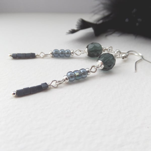 Long Dangle Earrings, Beaded Colour choice, Ink Blue, Lilac, Turquoise.
