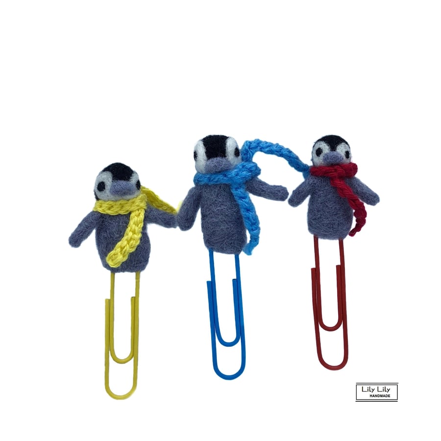 Penguin paper clip, planner, bookmark, needle felted by Lily Lily Handmade