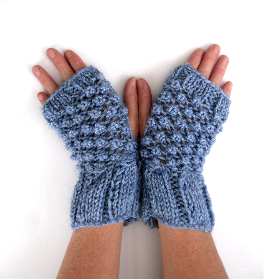Blue alpaca & acrylic  fingerless gloves , hand knitted textual mitts 