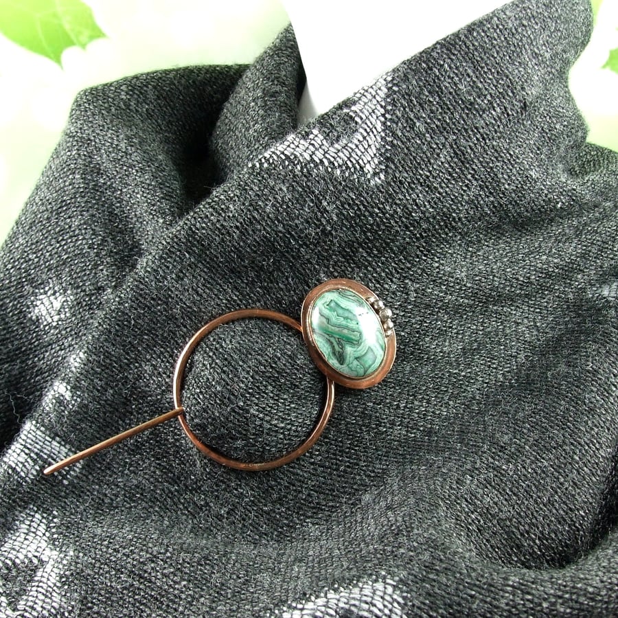 Shawl Pin, Copper with Dyed Green Jasper Cabachon for Scarf, Shawl or Wrap