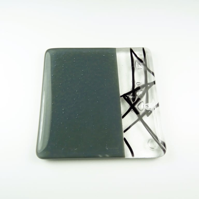 Grey and black fused glass coaster, 9cm, 6mm thick, handcrafted (0143)