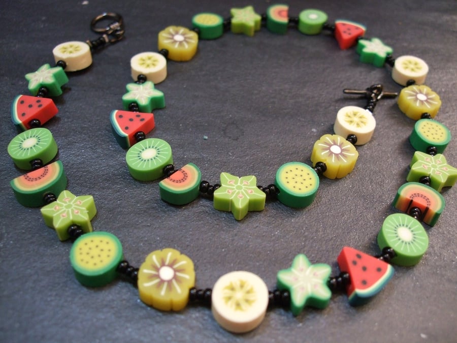Tutti Frutti Collection Tropical Fruit Salad Kitsch Polymer Clay Necklace 18 inc