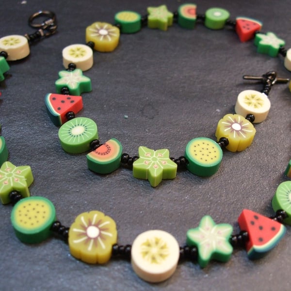 Tutti Frutti Collection Tropical Fruit Salad Kitsch Polymer Clay Necklace 18 inc