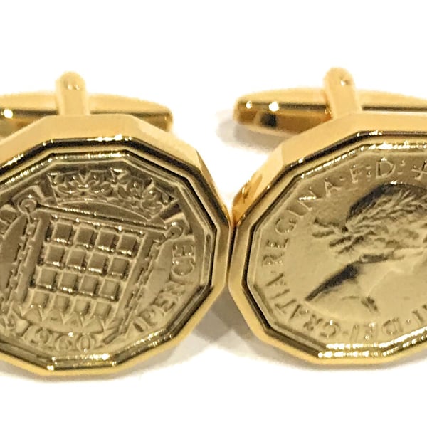 1960 Threepence 3d 65th birthday Cufflinks - Original 1960 threepence coin cuff