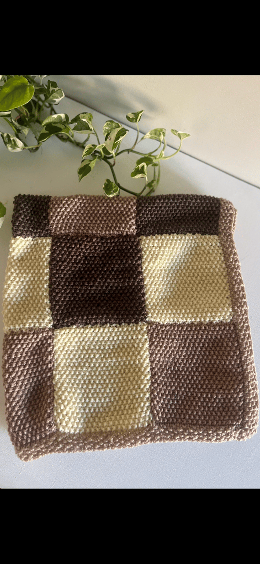 hand knitted brown,neutral patchwork blanket