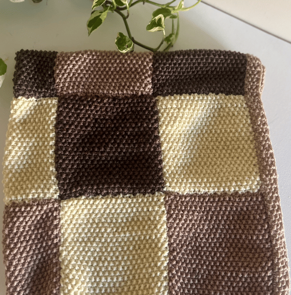 hand knitted brown,neutral patchwork blanket