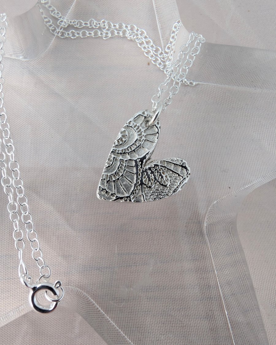 Handmade Fine Silver Heart Shaped Pendant Necklace - Heritage Lace Design