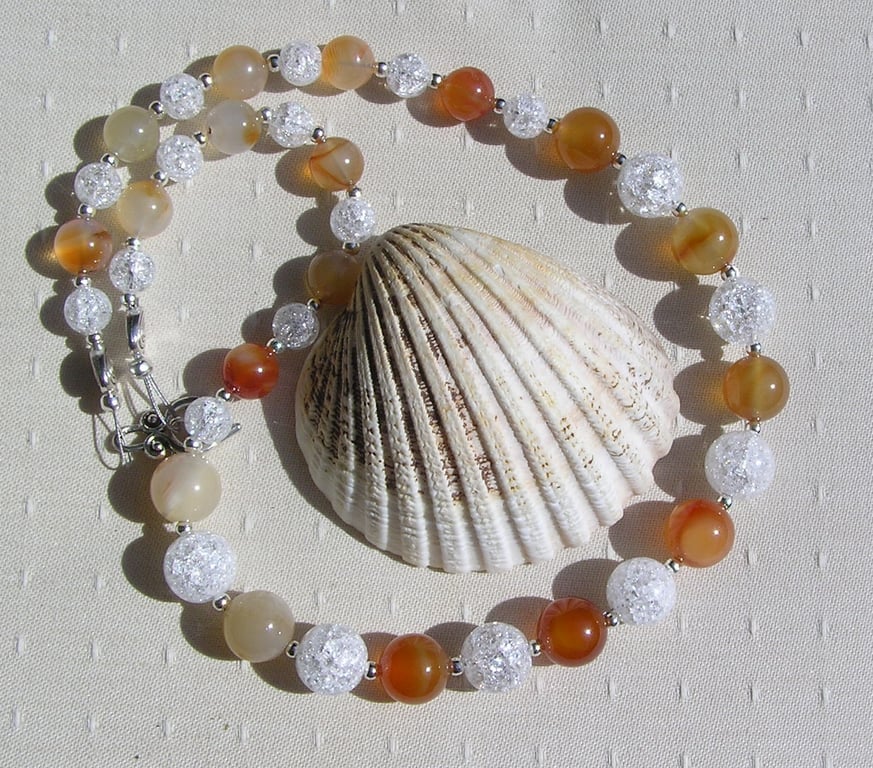 Clear Quartz & Carnelian Gemstone Chakra Chunky Necklace "Orange Sparkle"