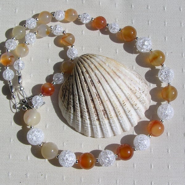 Clear Quartz & Carnelian Gemstone Chakra Chunky Necklace "Orange Sparkle"