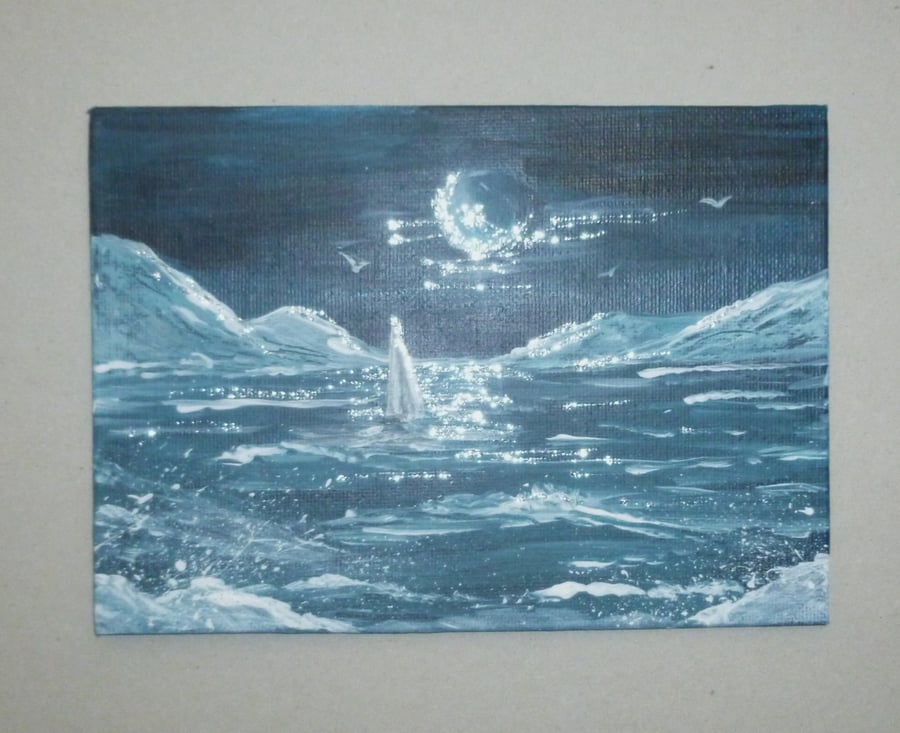 acrylic seascape original art moonlight painting ( ref F 681 A1 )