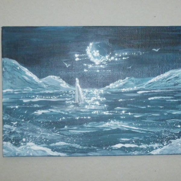 acrylic seascape original art moonlight painting ( ref F 681 A1 )