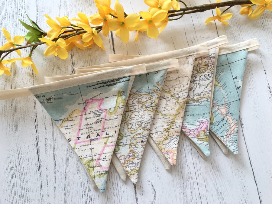 Handmade fabric World Map bunting