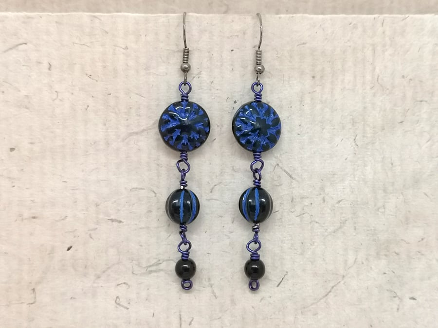 Black and blue Czech glass bead earrings with gunmetal ear wires 