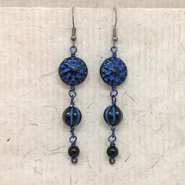 Black and blue Czech glass bead earrings with gunmetal ear wires 