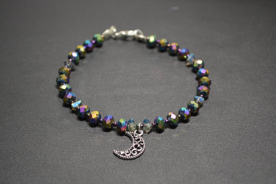 Silver moon charm bracelet with glass beads