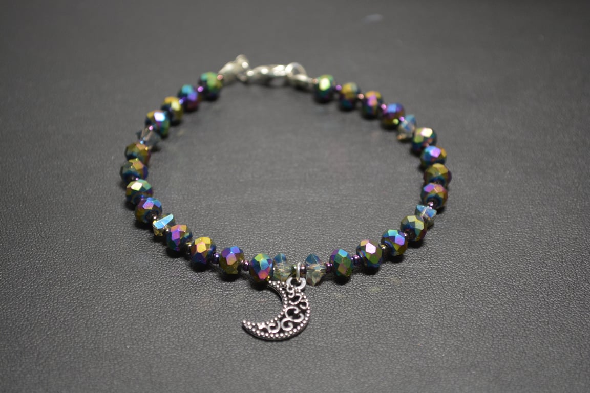 Silver moon charm bracelet with glass beads