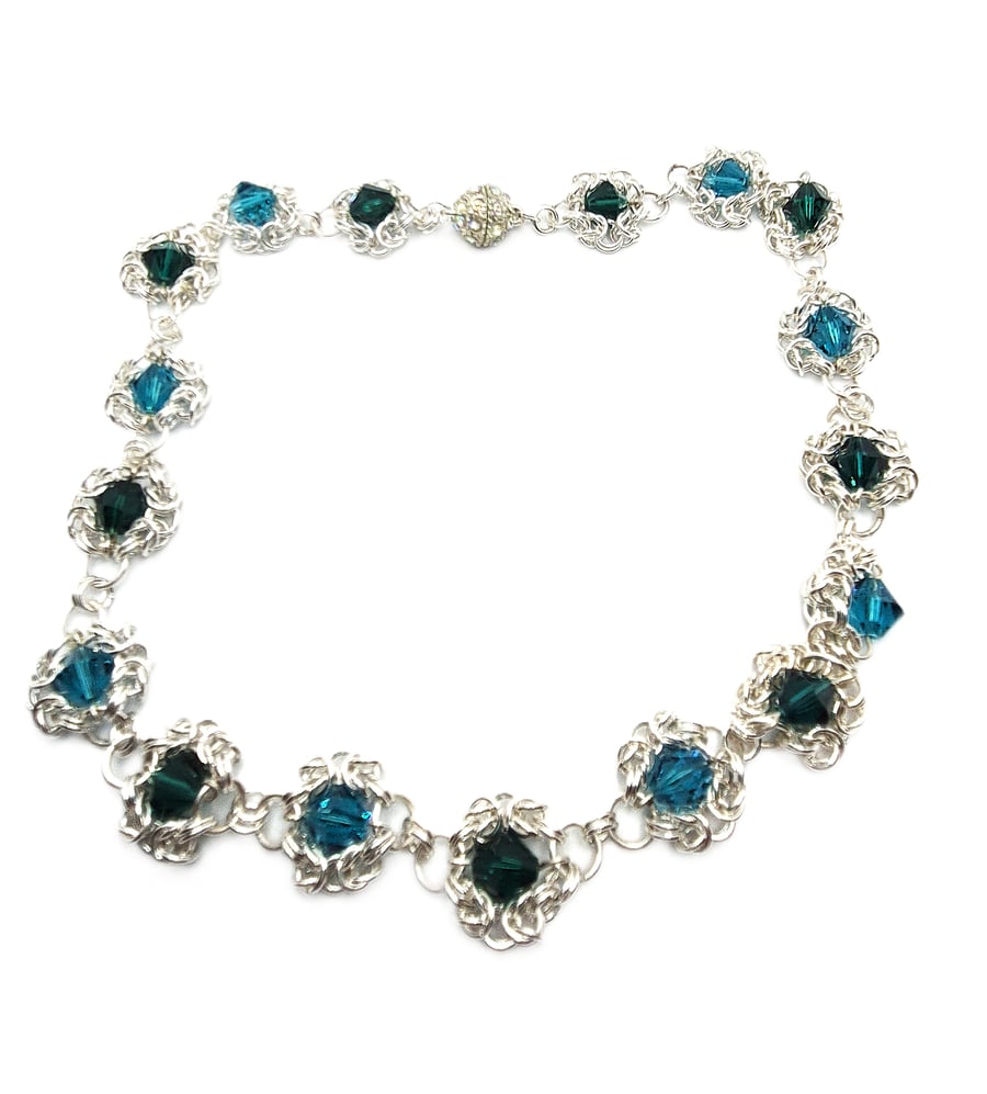 Silver plated chainmaille necklace with Swarovski crystals