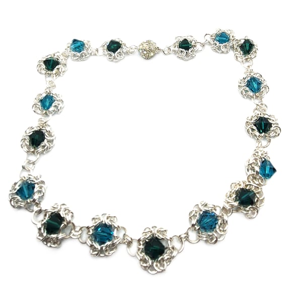 Silver plated chainmaille necklace with Swarovski crystals