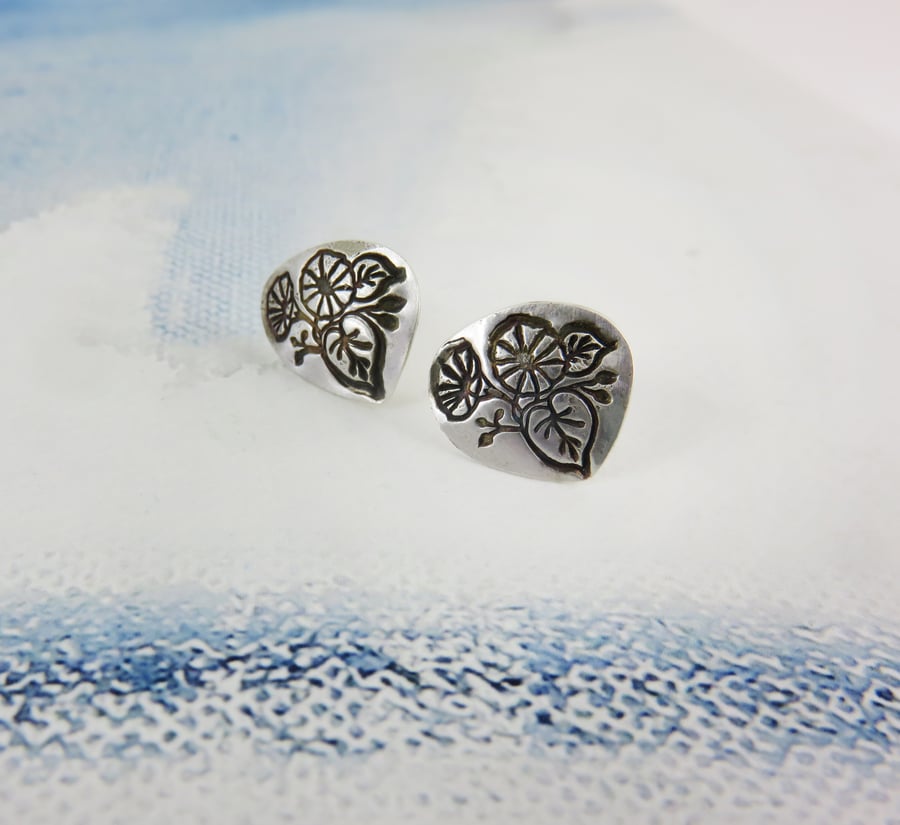 Silver Handmade Flower Stamped Domed Studs
