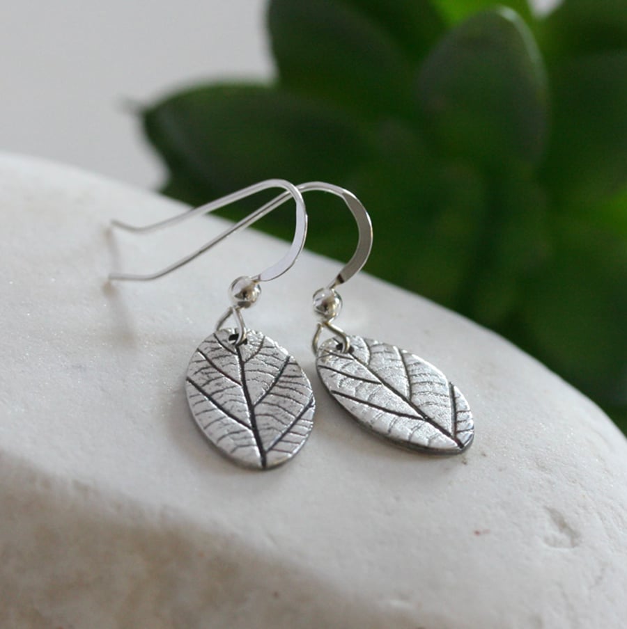 Small Silver Leaf Print Earrings, Silver Earrings, Dark Finish