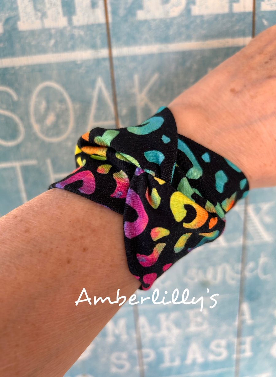 Wide cuff bracelet in leopard print design repurposed 